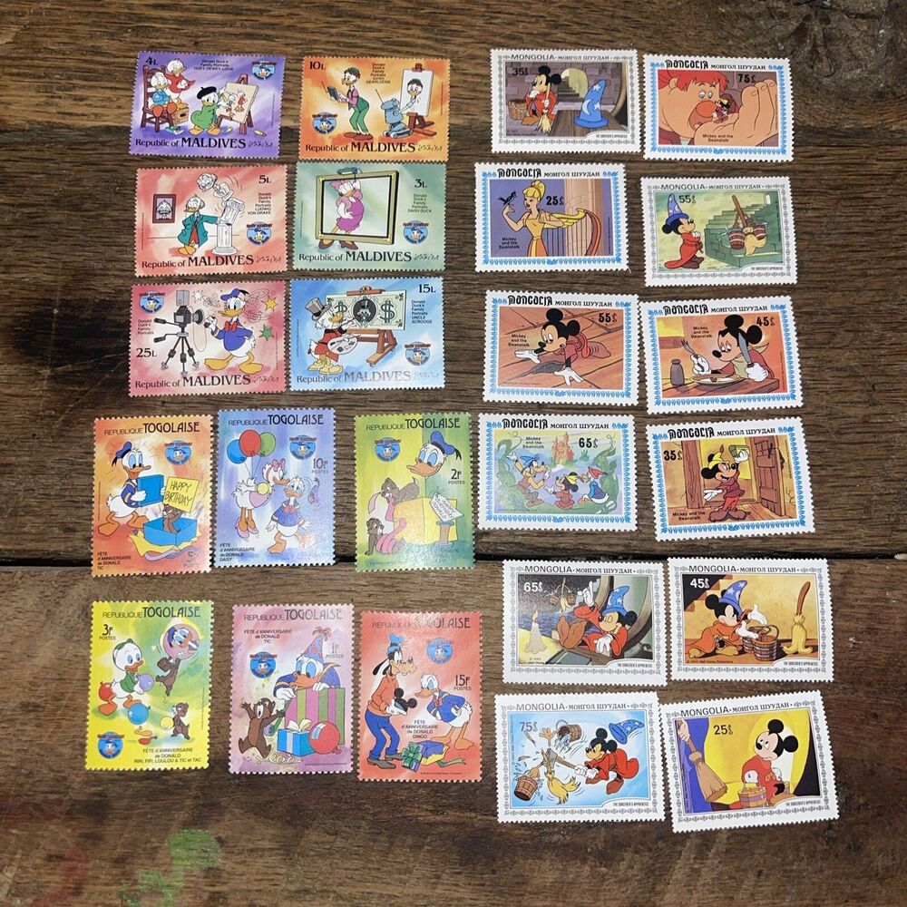 1980s Disney World Stamp Lot of 24 - Maldives, Togolaise, Mongolia, Moncacia